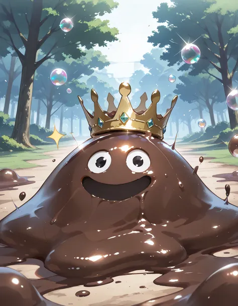 looking at viewer,masterpiece,extreme detailed BREAK 1other,no humans,no_legs,day,outdoors,green tree BREAK hagurin,:D,slime \(creature\),sparkle,bubble, Made of chocolate, head on crown