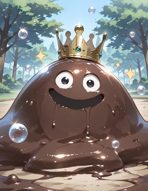 from abode,looking at viewer,masterpiece,extreme detailed BREAK 1other,no humans,no_legs,day,outdoors,green tree BREAK hagurin,:D,slime \(creature\),sparkle,bubble, Made of chocolate, head on crown