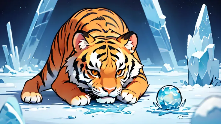 space. dark cool tones. Mood - sad, desperate. The tiger touches the blue ice star. 