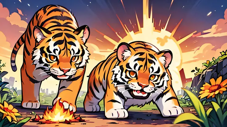 The sun explodes. Tigers watch the burning sun from the ground