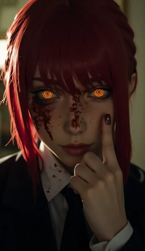 masterpiece, best quality, good quality, newest, makima \(chainsaw man\), very aesthetic, backlighting, cinematic, spot color, dark, horror, blood on face, head tilt, crazy eyes, orange eyes, ringed eyes, red hair, braided ponytail, finger to own cheek, pu...