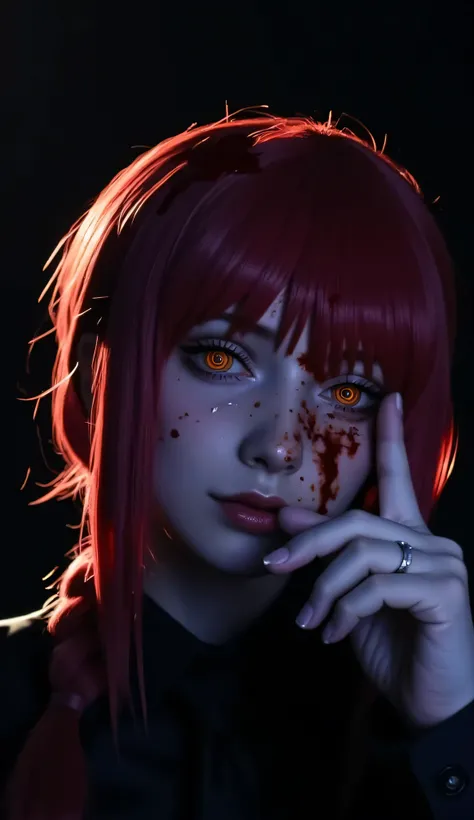 masterpiece, best quality, good quality, newest, makima \(chainsaw man\), very aesthetic, backlighting, cinematic, spot color, dark, horror, blood on face, head tilt, crazy eyes, orange eyes, ringed eyes, red hair, braided ponytail, finger to own cheek, pu...