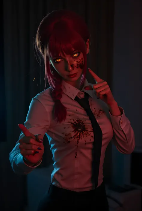 masterpiece,(( full body)) best quality, good quality, newest, makima \(chainsaw man\), very aesthetic, backlighting, cinematic, spot color, dark, horror, blood on face, head tilt, crazy eyes, orange eyes, ringed eyes, red hair, braided ponytail, finger po...