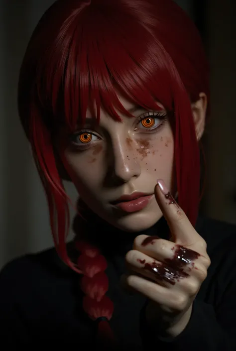 masterpiece,(( full body)) best quality, good quality, newest, makima \(chainsaw man\), very aesthetic, backlighting, cinematic, spot color, dark, horror, blood on face, head tilt, crazy eyes, orange eyes, ringed eyes, red hair, braided ponytail, finger po...