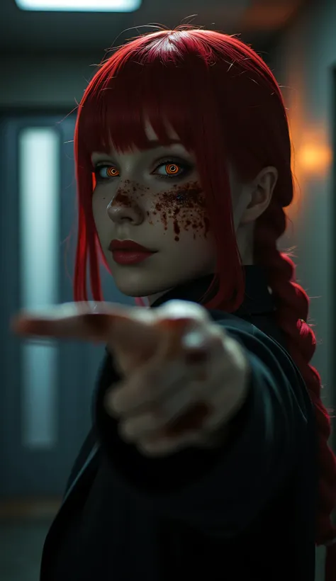 masterpiece,(( full body)), long shoot, best quality, good quality, newest, makima \(chainsaw man\), very aesthetic, backlighting, cinematic, spot color, dark, horror, blood on hands , head tilt, crazy eyes, orange eyes, ringed eyes, red hair, braided pony...