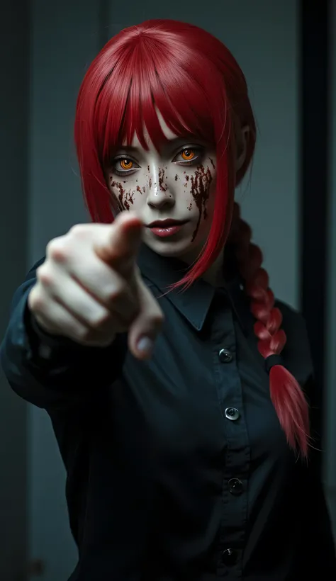 masterpiece,(( full body)), long shoot, best quality, good quality, newest, makima \(chainsaw man\), very aesthetic, backlighting, cinematic, spot color, dark, horror, blood on hands , head tilt, crazy eyes, orange eyes, ringed eyes, red hair, braided pony...