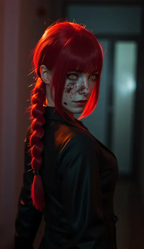 masterpiece,(( full body)), long shoot, best quality, good quality, newest, makima \(chainsaw man\), very aesthetic, backlighting, cinematic, spot color, dark, horror, blood on hands , head tilt, crazy eyes, orange eyes, ringed eyes, red hair, braided pony...