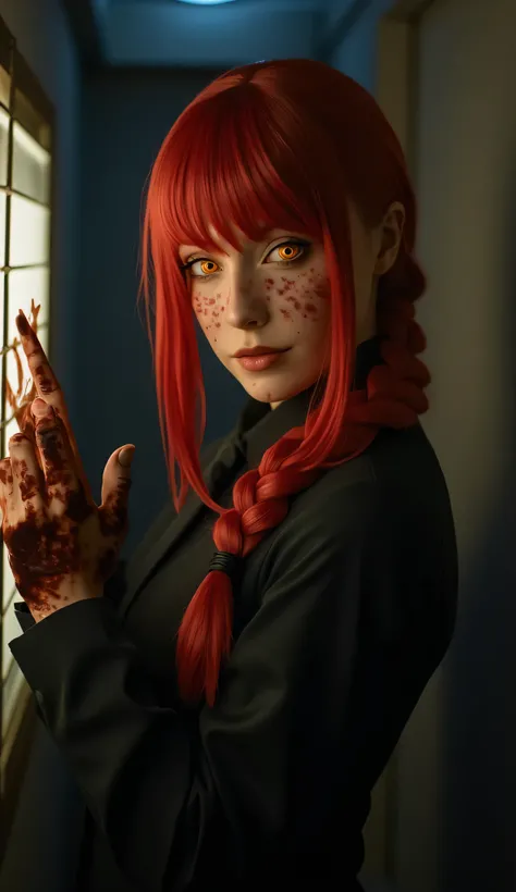 masterpiece,(( full body)), long shoot, best quality, good quality, newest, makima \(chainsaw man\), very aesthetic, backlighting, cinematic, spot color, dark, horror, blood on hands , head tilt, crazy eyes, orange eyes, ringed eyes, red hair, braided pony...