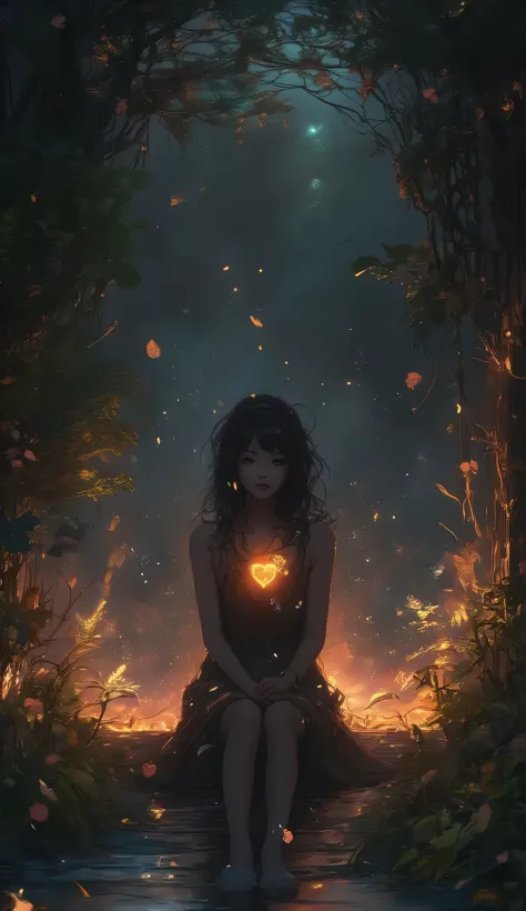 A person sitting in a dark room with a tiny glowing light in their chest or heart area. A soft, warm glow contrasts the shadow. Symbolic, emotional composition. Hope hidden in darkness.