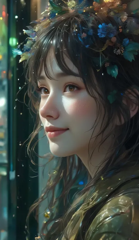 A person smiling gently with watery eyes, hiding sorrow behind a soft expression. Moody lighting, cinematic atmosphere, close-up focus on the eyes and smile, rainy window in the background, emotional realism.