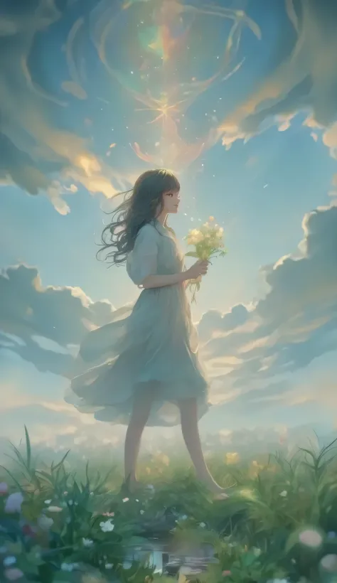 A person walking under a cloudy sky with a faint smile, carrying a glowing light or small flower in hand. Soft tones, minimalistic background, feeling of gentle resilience.