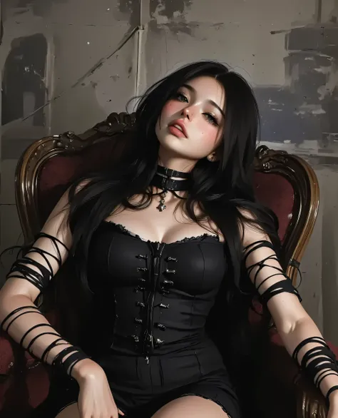 1 person,(((puppet))),, Face  ,Head,白色油漆puppet身體,  Articulated doll ,sit, ebony long hair,
Gothic chair,Gothic furniture,, ((Long wire hanging from top of head connected to head,Long wire hanging from top of head wrapped around shoulder,Long wire hanging f...