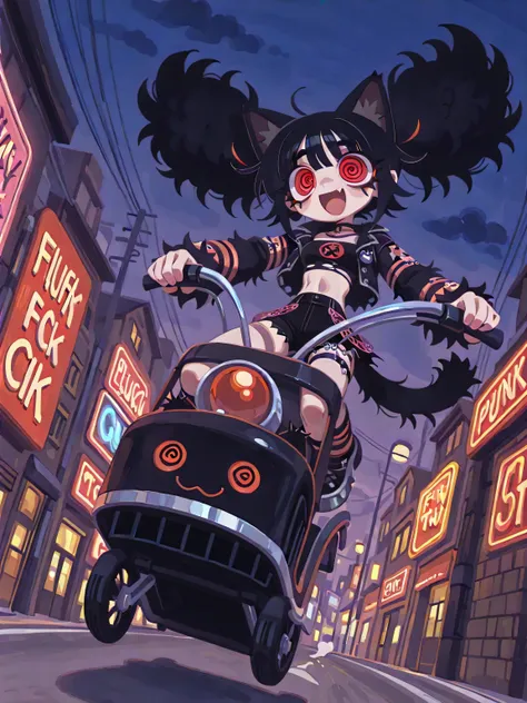 (solo:1.2),1girl\(cute, kawaii,(big evil smile),open mouth, (black hair:1),(long hair),(twin tails hair),pale skin, red eyes,(detailed eyes:1.4),spiral eye, eyes shining, (big eyes),(breast:1.4),(punk fashion:1.6),(ripped clothes:1.3),(tight tube top),(tig...