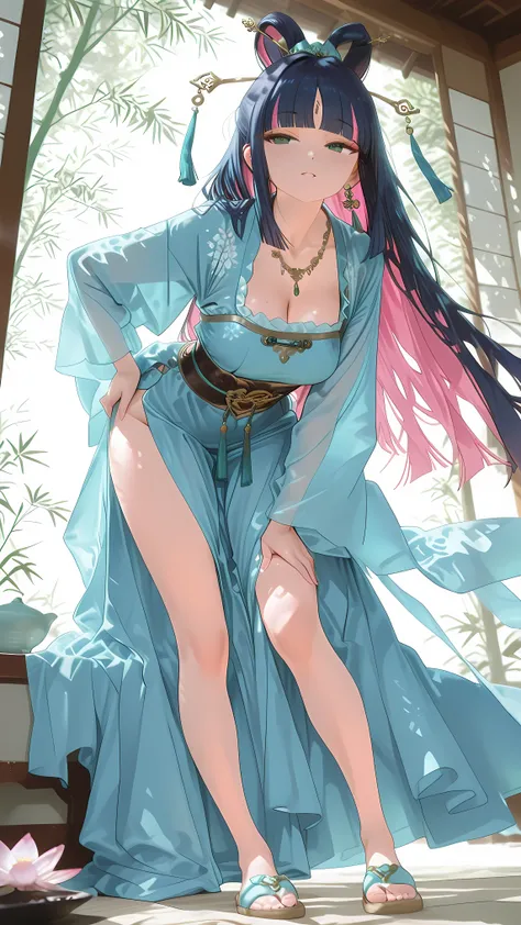 1girl, long two-tone hair (deep blue with magenta pink tips), straight hairstyle with blunt bangs and side strands, blue silk flower hair ornament, jade hairpin, gold forehead chain, green eyes, calm and seductive expression, curvy and sensual figure, wear...