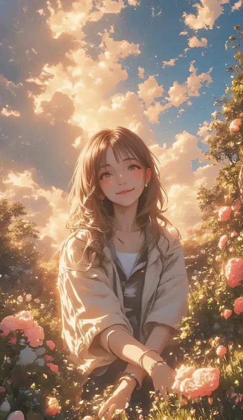 A scene of transformation: . A person looks up at the sun shining through the clouds. Tears gradually fade into a glowing smile, conveying symbolism, a bright sky, a sense of liberation and rebirth.
