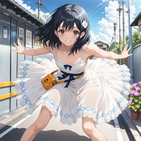 solo, good_hands, (crouching towards the viewer)、anime、(A beautiful woman who is petite and has a small chest)、(Black hair with blue black hair)、(straight, long, medium hair)、Dark Eyes、(the skin is fair)、wearing a thick blue bar-shaped hairpin on her head、...