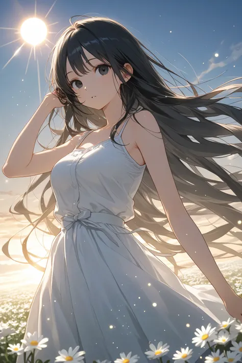 1 woman with long shiny black hair, loose hair, long hair, very long hair, slightly black eyes, light eyes, summer skirt, summer clothes, teenage girl, medium breasts, field of white flowers, sun, light particles