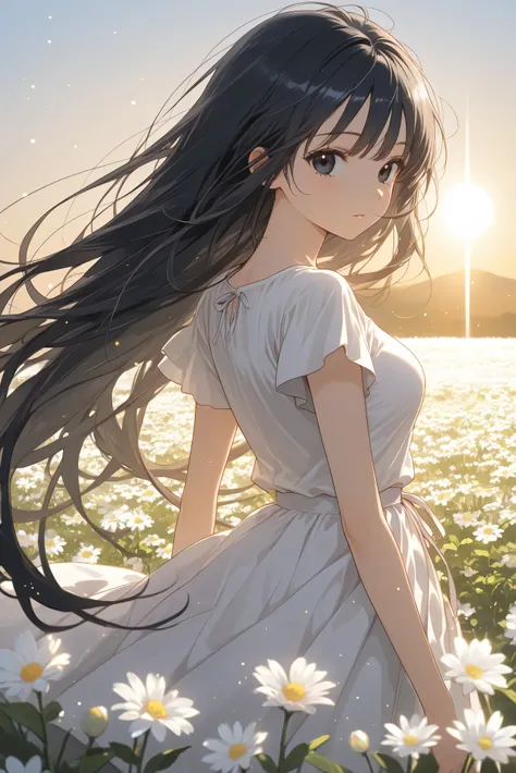 1 woman with long shiny black hair, loose hair, long hair, very long hair, slightly black eyes, light eyes, summer skirt, summer clothes, teenage girl, medium breasts, field of white flowers, sun, light particles