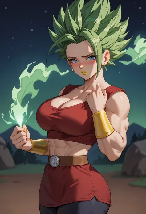 woman, large breasts, anime style, yellow lipstick, blue eyes, green hair, looking at viewer, character focus, side view, blushing, shy, embarrassed, strong, strong physique, green energy, green aura, cleavage, red blouse, thin waist, wide hips, night, tra...