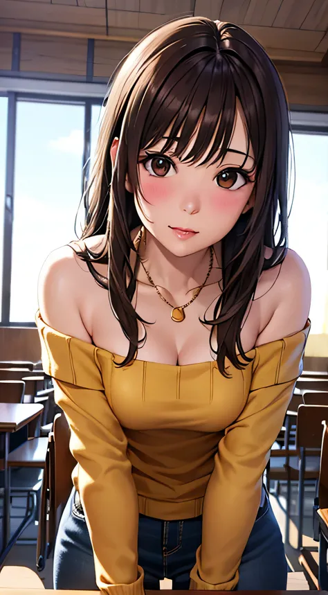 ((, top quality, high res, , Pixel Perfect, 4K,))), One female teacher, Braly, 、full body visible、 ((middle wave hair,  Brown Hair)), ((brown eyes, beautiful lashes, realistic eyes)), ((detailed face, Blush:1.2)), ((smooth texture:0.75, realistic texture:0...