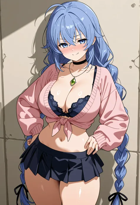  standing confidently against a plain light wall, posing with one hand on her hip and the other resting on her upper thigh. She wears a fitted light pink cardigan tied in a knot just below the chest, revealing a deep cleavage and midriff. Underneath, there...