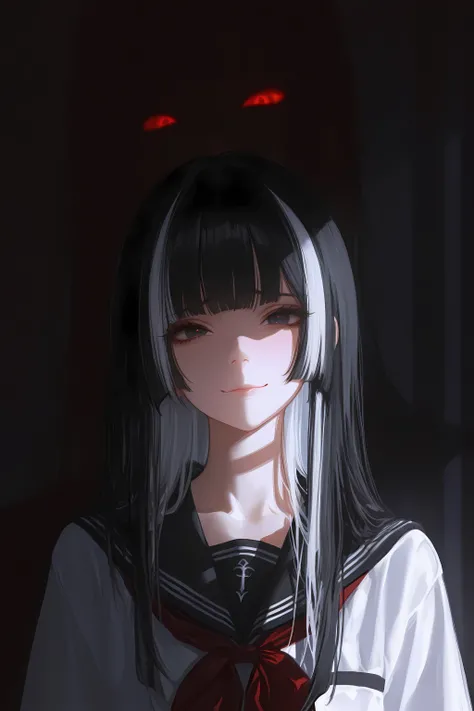 masterpiece, best quality, amazing quality, very aesthetic, high resolution, ultra-detailed, absurdres, newest, 1girl, black sailor, hime cut, long hair, black hair, white hair streaked hair, sad smile, looking at viewer, sharp shadow, cinematic lighting, ...