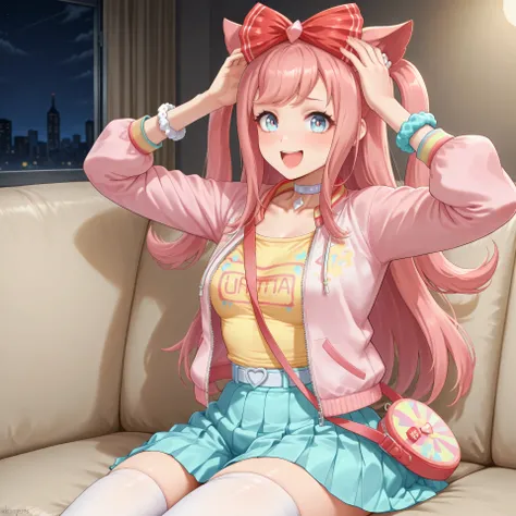 anime, lazypos, masterpiece, best quality, amazing quality, in dormatory, sitting on couch, looking at viewer, night, night time, hands on head, amazed, excited, 1girl, solo, agnes digital, hair bow, red bow, choker, pink jacket, open jacket, yellow shirt,...