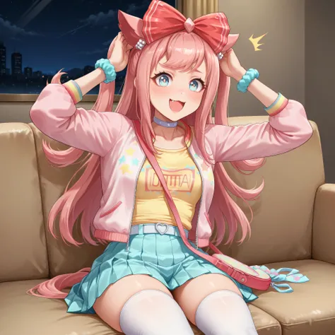 anime, lazypos, masterpiece, best quality, amazing quality, in dormatory, sitting on couch, looking at viewer, night, night time, hands on head, amazed, excited, 1girl, solo, agnes digital, hair bow, red bow, choker, pink jacket, open jacket, yellow shirt,...