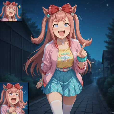 anime, lazypos, masterpiece, best quality, amazing quality, in dormitory, night, night time, 1girl, solo, agnes digital, hair bow, red bow, choker, pink jacket, open jacket, yellow shirt, wrist scrunchie, belt, blue skirt, pleated skirt, white thighhighs, ...