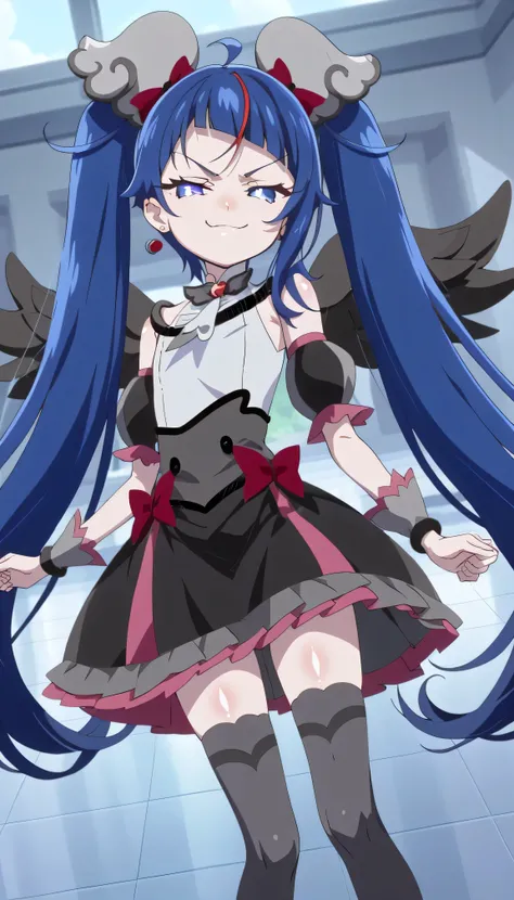    score_9,    score_8_up,    score_7_up,   Source_Anime,   official art , Anime screencap,   Goddess Magazine ,  reflective white knee-high stockings on the glass floor  ,   dark cure sky、(  Flat-breasted:1.2),  ,  dark blue hair、 twin tails、   ,     ,   ...