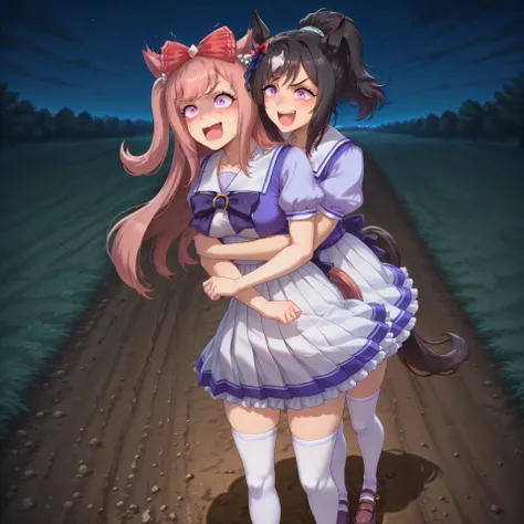 anime, lazypos, masterpiece, best quality, amazing quality, outside, night, night time, 1girl, couple, agnes digital, horse girl, hair bow, red bow, TracenShort, tracen school uniform, purple sailor shirt, white pleated skirt, white thighhighs, brown loafe...