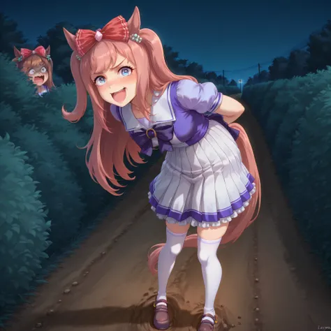 anime, lazypos, masterpiece, best quality, amazing quality, by dirt path, next to dormitories, night, night time, 1girl, solo, alone, agnes digital, horse girl, horse ears, horse tail, hair bow, red bow, TracenShort, tracen school uniform, purple sailor sh...
