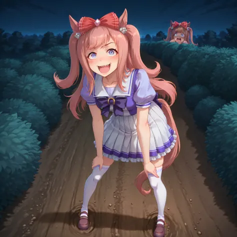 anime, lazypos, masterpiece, best quality, amazing quality, on dirt path, next to dormitories, night, night time, 1girl, solo, alone, agnes digital, horse girl, horse ears, horse tail, hair bow, red bow, TracenShort, tracen school uniform, purple sailor sh...