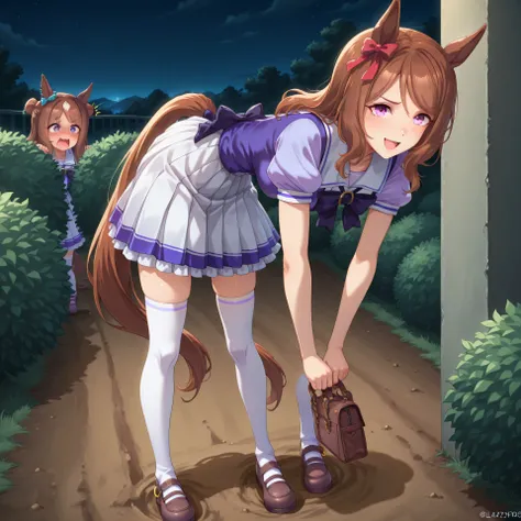 anime, lazypos, masterpiece, best quality, amazing quality, on dirt path, next to dormitories, night, night time, 1girl, solo, alone, horse girl, horse ears, horse tail, hair bow, red bow, TracenShort, tracen school uniform, purple sailor shirt, white plea...