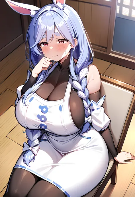 score_9_up,score_8_up,score_7_up,score_6_up,score_5_up,score_4_up,(((1 girl))),(((solo))),(pekomama), thick eyebrows, droopy eyes,rabbit ears, animal ear fluff, long hair,braided ponytail,((( white tops;1.5))),((( white long skirt))),(( apron)),(( black pa...