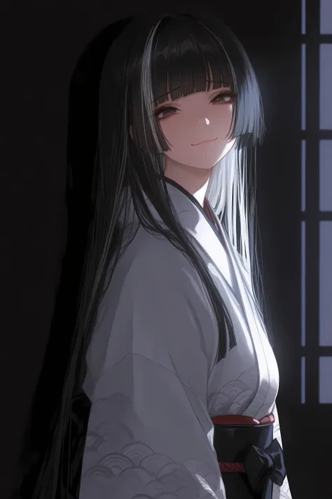 masterpiece, best quality, amazing quality, very aesthetic, high resolution, ultra-detailed, absurdres, newest, 1girl, kimono, hime cut, long hair, black hair, white hair streaked hair, sad smile, looking at viewer, sharp shadow, cinematic lighting, volume...