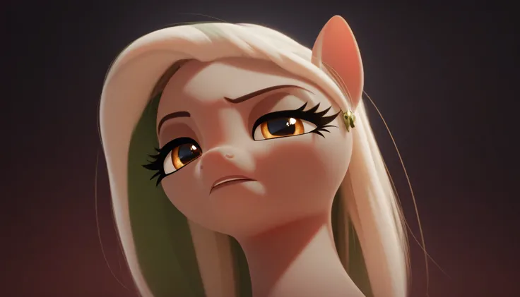 My Little Pony, A land pony with light brown fur, her dark green and light green mane blending together, Her dark brown eyes with white shine, She is in front of the camera, a close-up of his face, with her eyes fixed and a serious expression. full body, d...