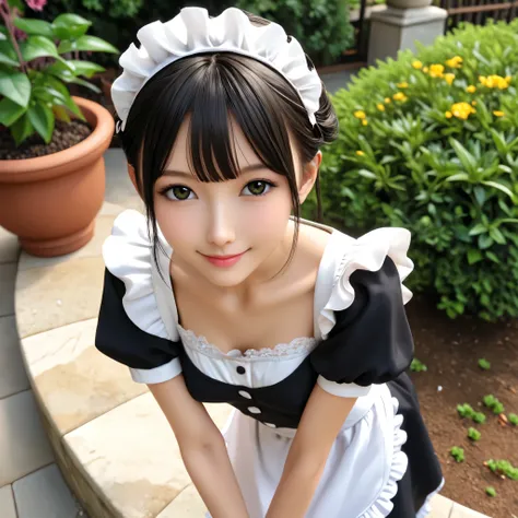 (1人の可愛いyounger女の子)、Maid,I take care of a garden outside a traditional western house,Beautiful girl leaning forward,black lace stockings,from above,watches over the viewers,(Smile Yang :0.86), (younger:0.80),(skinny:1.37),(big boobs:0.79),Japanese