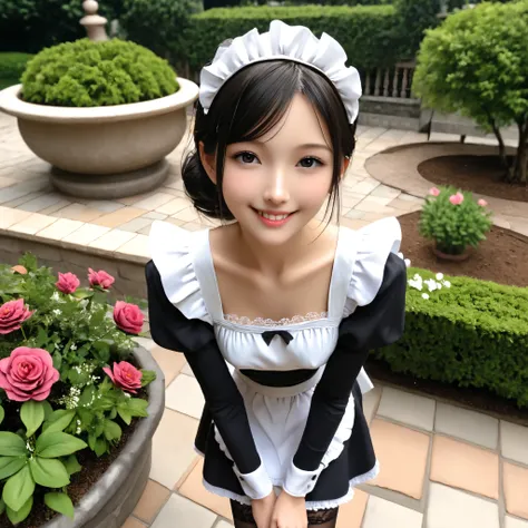 (1人の可愛いyounger女の子)、Maid,I take care of a garden outside a traditional western house,Beautiful girl leaning forward,black lace stockings,from above,watches over the viewers,(Smile Yang :0.86), (younger:0.80),(skinny:1.37),(big boobs:0.79),Japanese