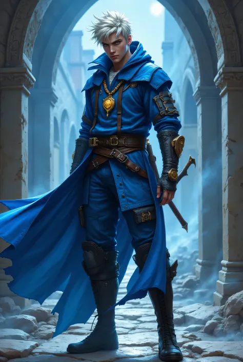 A 19-year-old male character, alto e magro, com 1,80m de altura, pele branca, cabelos brancos, symmetrical face and eyes. He wears streetwear-style clothing , with cargo pants , short jacket and combat boots, all in shades of blue Try other variations of t...