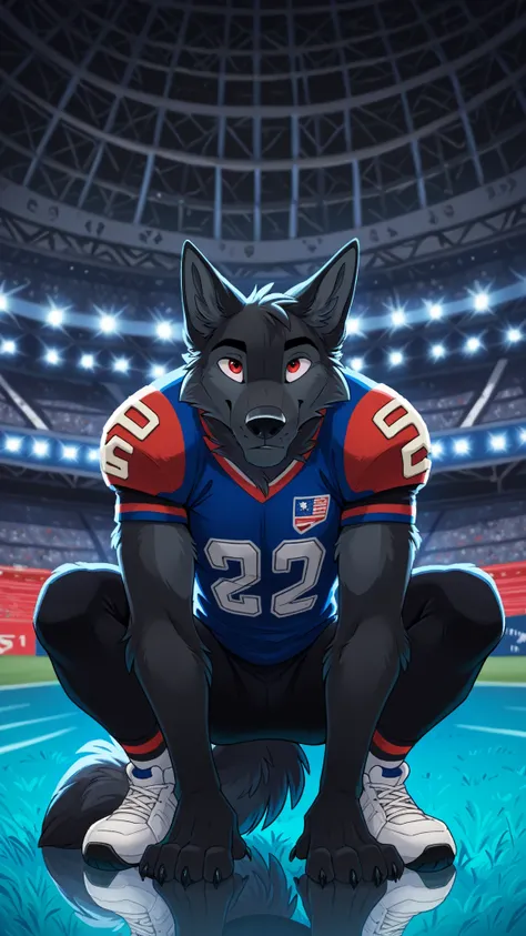 american football stadium background, Eye blue, Reflections, full body, antropomorfico, Adult Wolf, without humans, by ango76 , Masterpiece, better quality,very aesthetic, newest, anthropoid, mammal, a boy, Clothes, Alone, byry, byry Macho, macho fo...