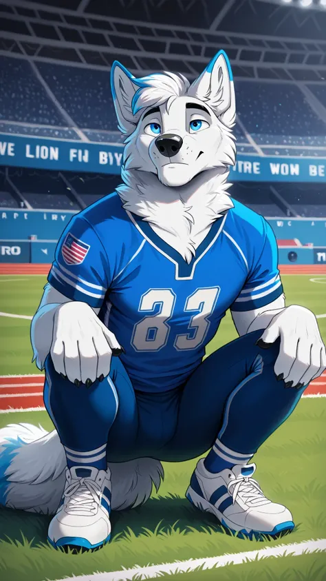 american football stadium background, Eye blue, Reflections, full body, antropomorfico, Adult Wolf, without humans, by ango76 , Masterpiece, better quality,very aesthetic, newest, anthropoid, mammal, a boy, Clothes, Alone, byry, byry Macho, macho fo...