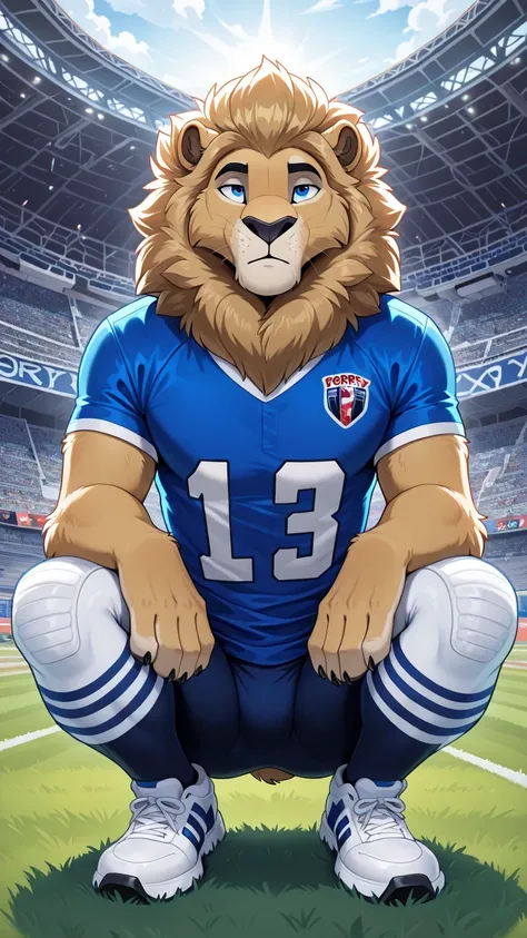 american football stadium background, blue eye, Reflections, full body, Anthropomorphic, Adult lion , without humans, by ango76 , Masterpiece, better quality,very aesthetic, newest, anthropoid, mammal, 1, Clothes, Alone, Porry , Porry Macho, sexist...