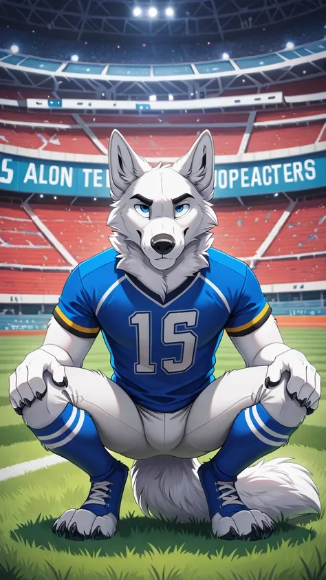 american football stadium background, blue eye, Reflections, full body, Anthropomorphic, Adult Wolf, without humans, by ango76 , Masterpiece, better quality,very aesthetic, newest, anthropoid, mammal, a child, Clothes, Alone, byry, byry Macho, sexis...