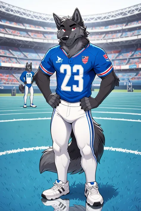 of Wolf with Red Eyes, blue eye, Reflections, full body, Anthropomorphic, Adult Wolf, without humans, swimsuit by ango76 , Masterpiece, better quality,very aesthetic, newest, anthropoid, mammal, a child, Clothes, Alone, Sorry , Sorry Macho , ...