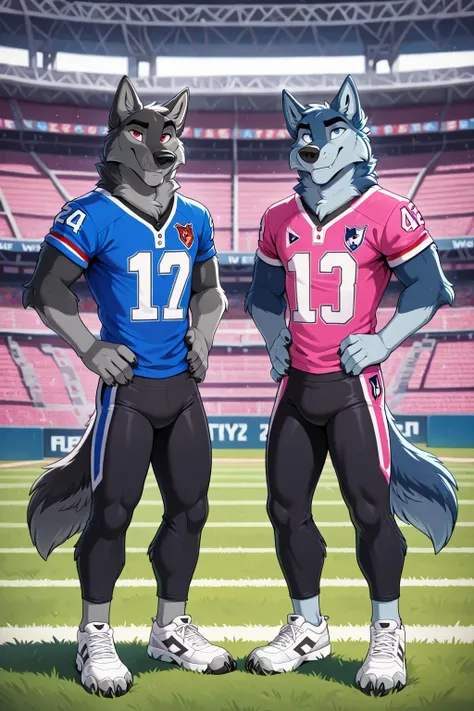 american football stadium background, red eyes, Reflections, full body, Anthropomorphic, Adult Wolf, without humans, swimsuit by ango76 , Masterpiece, better quality,very aesthetic, newest, anthropoid, mammal, a child, Clothes, Alone, wolf Macho ,...