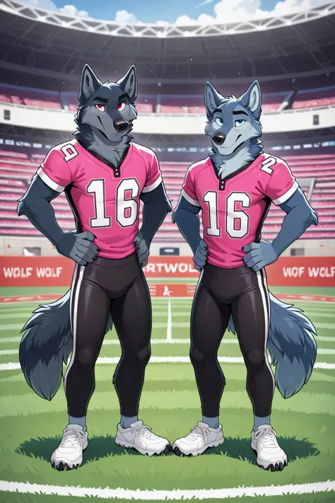 american football stadium background, red eyes, Reflections, full body, Anthropomorphic, Adult Wolf, without humans, swimsuit by ango76 , Masterpiece, better quality,very aesthetic, newest, anthropoid, mammal, a child, Clothes, Alone, wolf Macho ,...