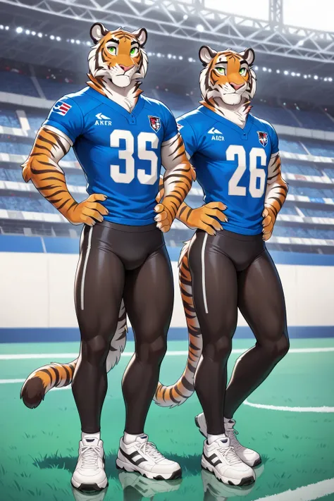 tiger , green eyes, Reflections, full body, Anthropomorphic, Bengal Tiger Adult, without humans, by ango76 , Masterpiece, better quality,very aesthetic, newest, anthropoid, mammal, 1, Clothes, only Male , men's american football stadium background...
