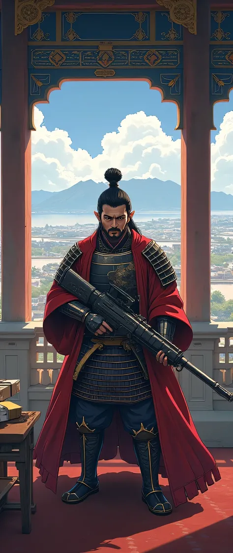 highdefinition image,Satu Kingdom Era、Oda Nobunaga wearing armor、inside Azuchi Castle、Top floor of the castle tower、( the face is visible )holds a machine gun in a pose like a rugged expression、