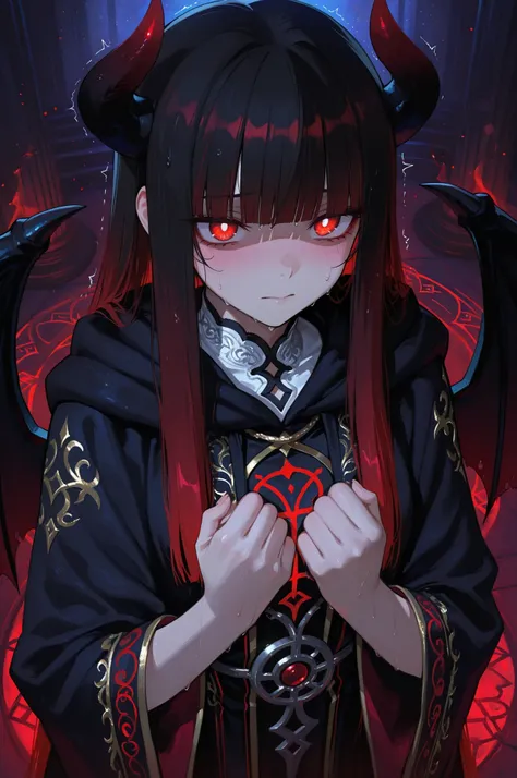 anime style, low-angle medium close-up of a trembling shy female demon lord, looking down nervously at the viewer with tearful round red eyes, straight hair with hime cut, smooth gradient from black to deep red at the tips, black to red gradient demon horn...